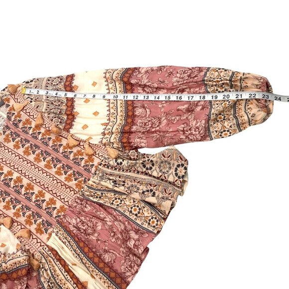 American Eagle Womens Boho Floral Patchwork Long Sleeve Peplum Blouse XS Tassel - Picture 11 of 11